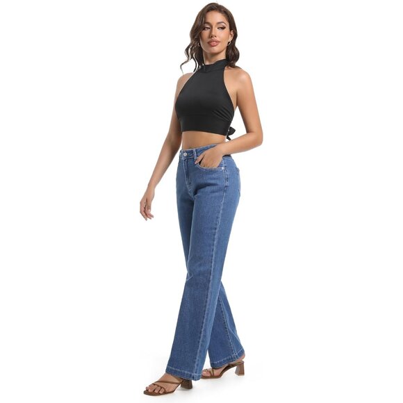 Women's High Waisted Stretchy Denim Jeans Casual Tummy Control Wide Leg - Picture 4 of 5